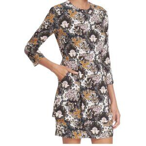 A.L.C Women Silk Mini Dress Floral Print 3/4 Sleeves Crew Neck Multicolor Pocket